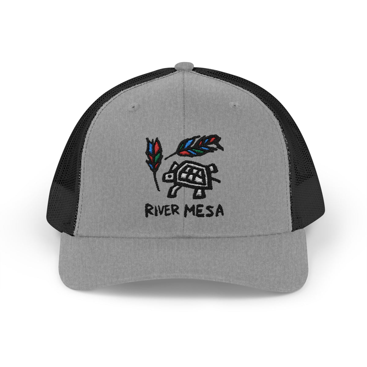 River Mesa Snapback Trucker Cap — Hand-Drawn Turtle & Feathers Embroidered Hat
