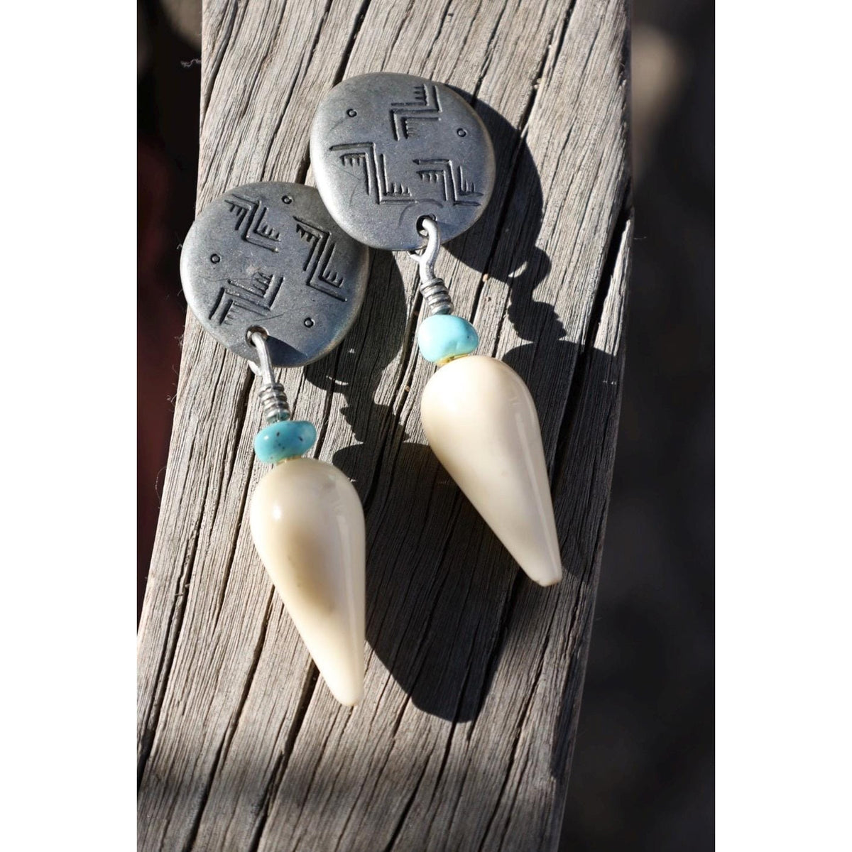 Ben-Amun Signed Southwest Etched Disc Clip-On Earrings Turquoise Bone Drop Dangle Vintage