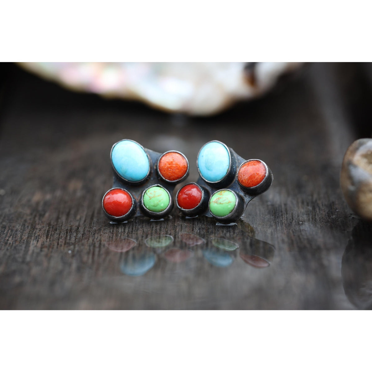 Kee C. Cook Navajo Sterling Silver Turquoise and Coral Cluster Earrings, Signed Vintage Native American Post Earrings