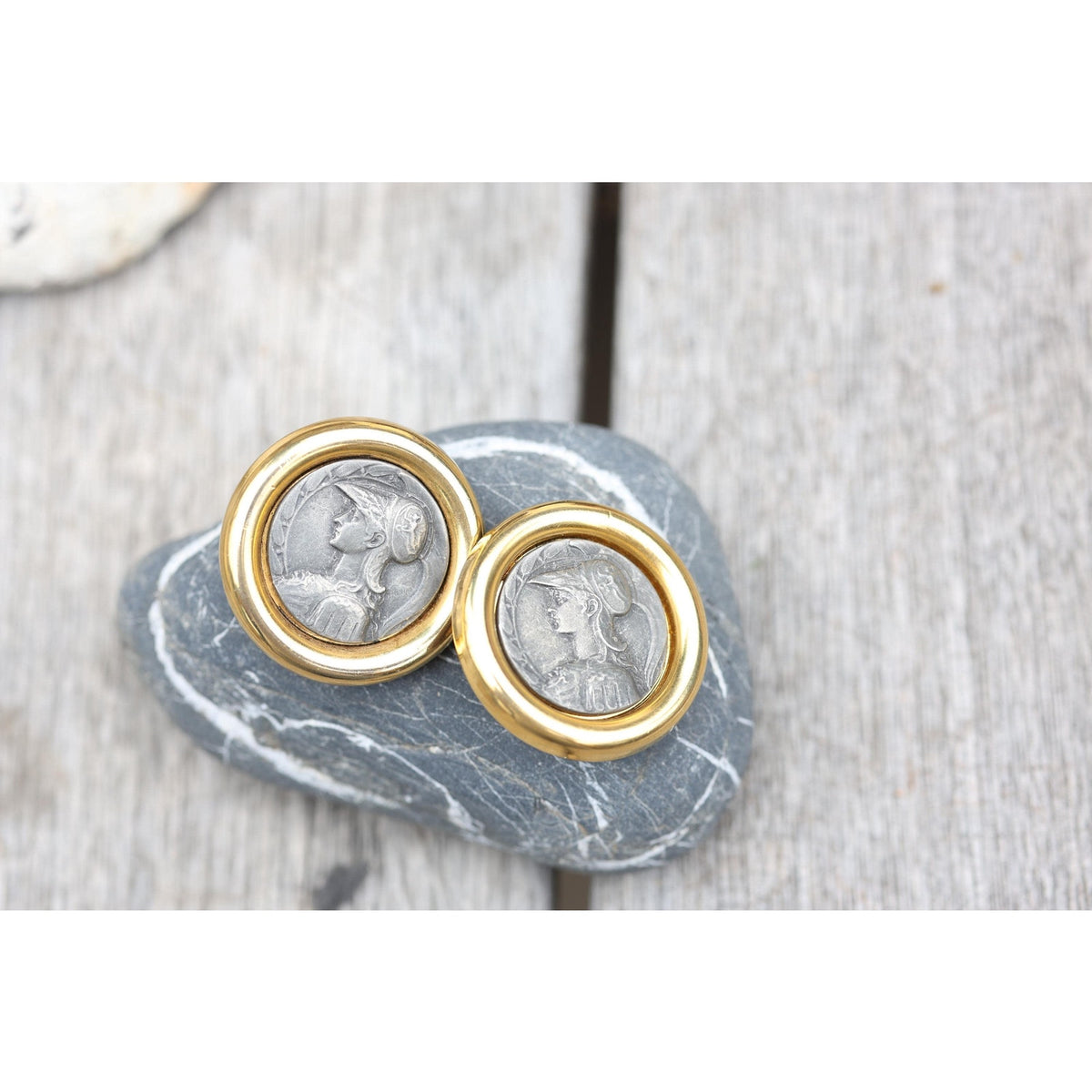 Vintage Ben-Amun Clip Earrings Gold Tone Roman Coin Medallion Warrior Relief 80s