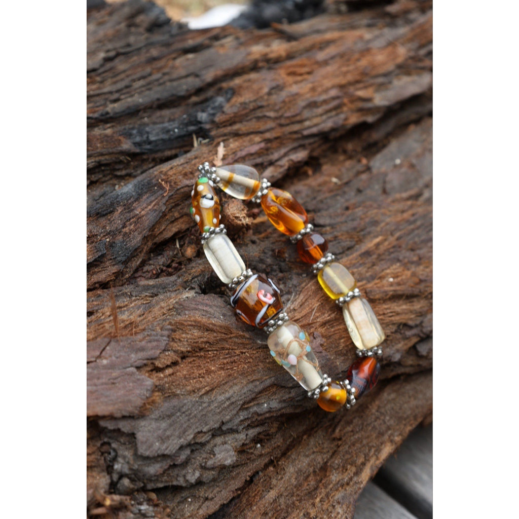 Vintage Lampwork Art Glass Bead Bracelet Amber Millefiori Stretch Boho Statement