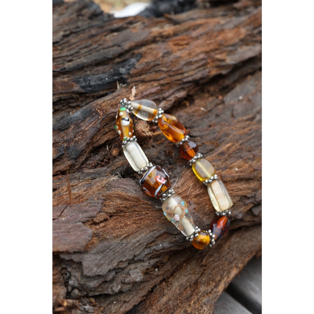 Vintage Lampwork Art Glass Bead Bracelet Amber Millefiori Stretch Boho Statement