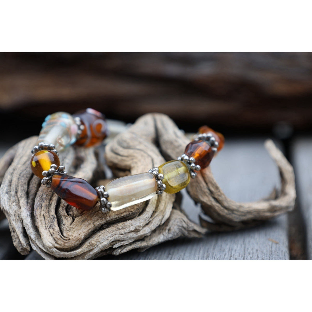 Vintage Lampwork Art Glass Bead Bracelet Amber Millefiori Stretch Boho Statement