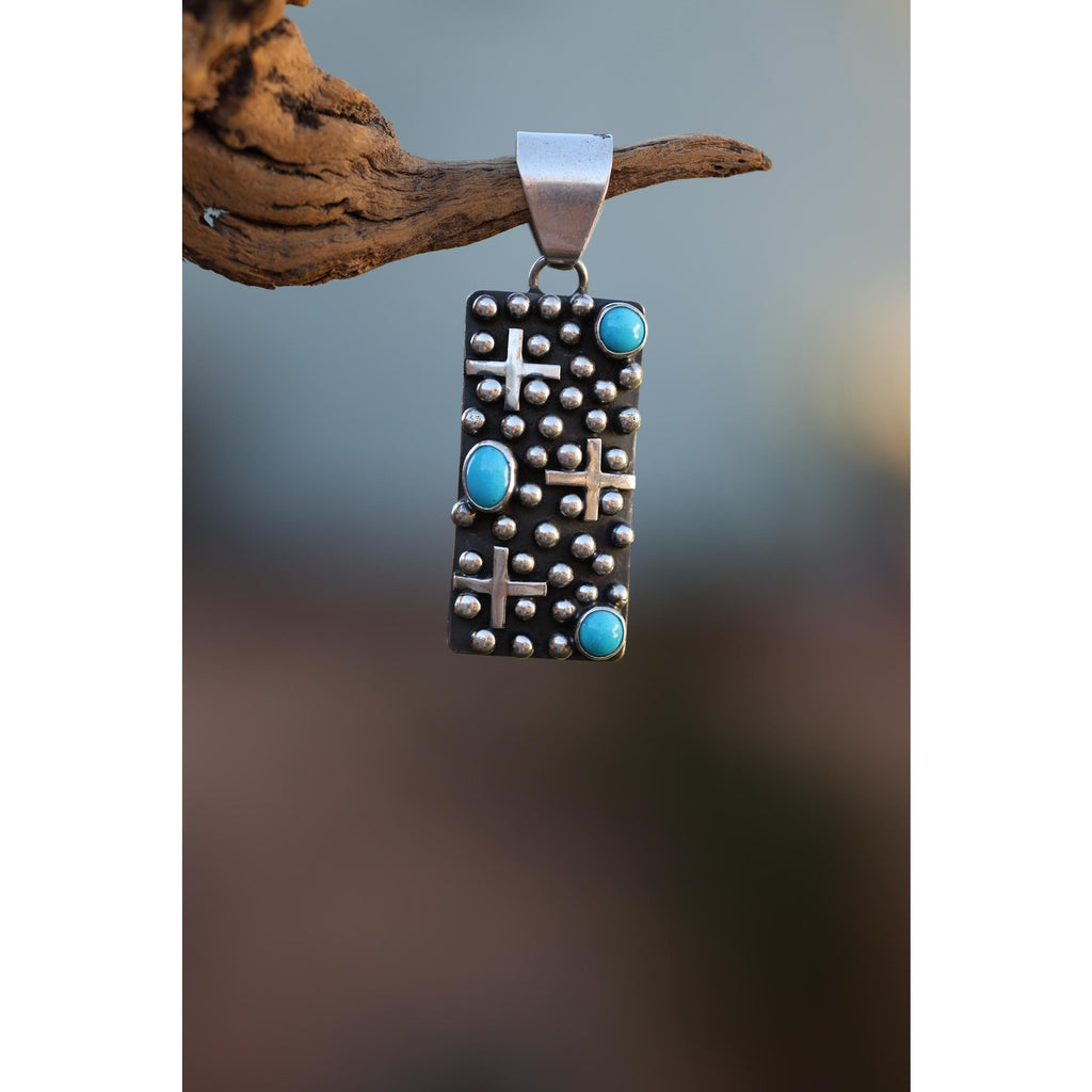 Turquoise Cross Pendant Navajo Native American Sterling Silver Signed Ronnie Willie Tufa Cast Southwest Statement Necklace Pendant