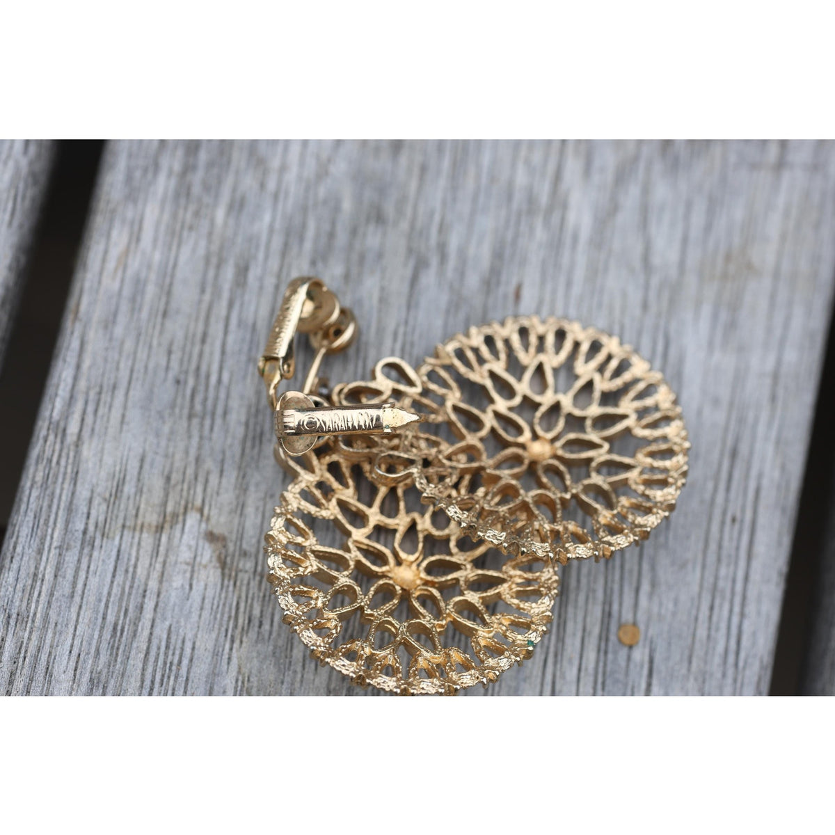 Sarah Coventry Signed Huge Vintage Filigree Clip Earrings, Gold Tone Sunburst Medallion, 1970s Statement Jewelry