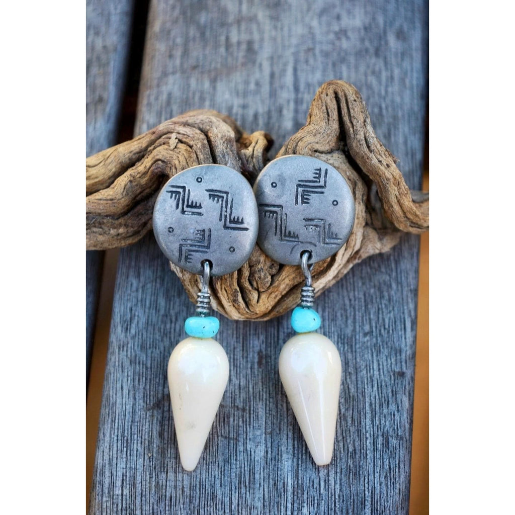 Ben-Amun Signed Southwest Etched Disc Clip-On Earrings Turquoise Bone Drop Dangle Vintage
