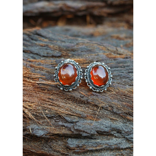 Amber Cabochon Sterling Silver Stud Earrings Vintage Ornate Filigree Bezel