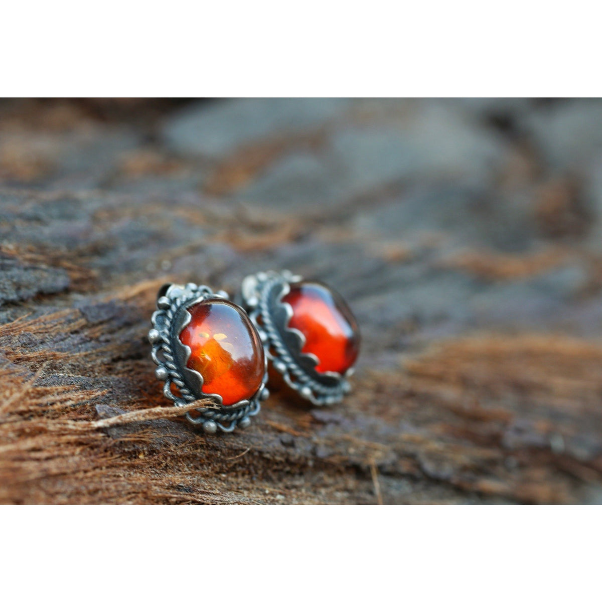 Amber Cabochon Sterling Silver Stud Earrings Vintage Ornate Filigree Bezel