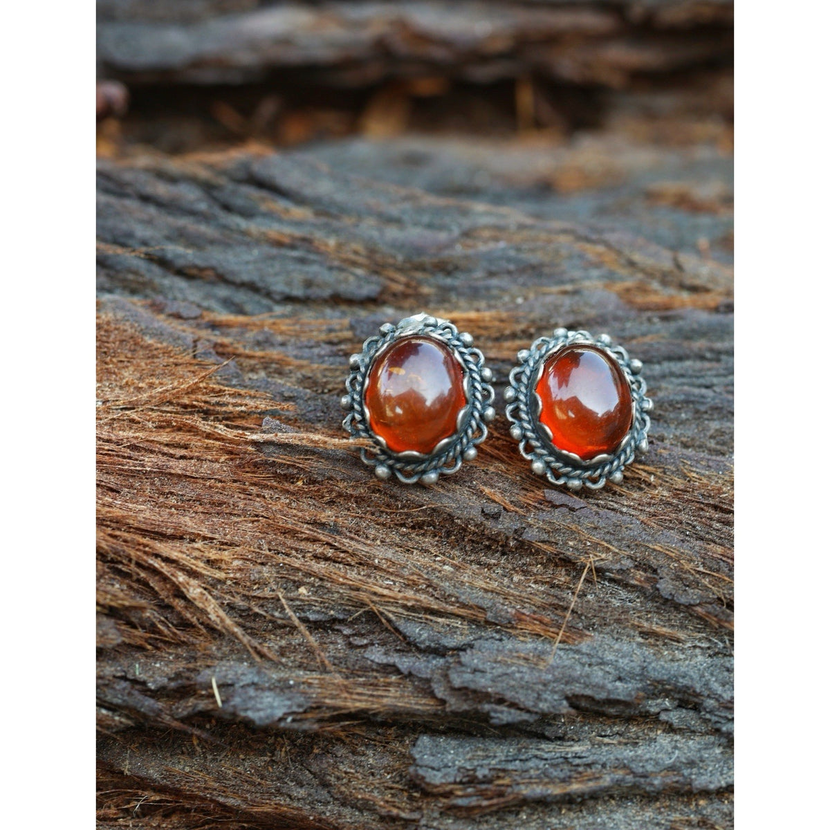 Amber Cabochon Sterling Silver Stud Earrings Vintage Ornate Filigree Bezel