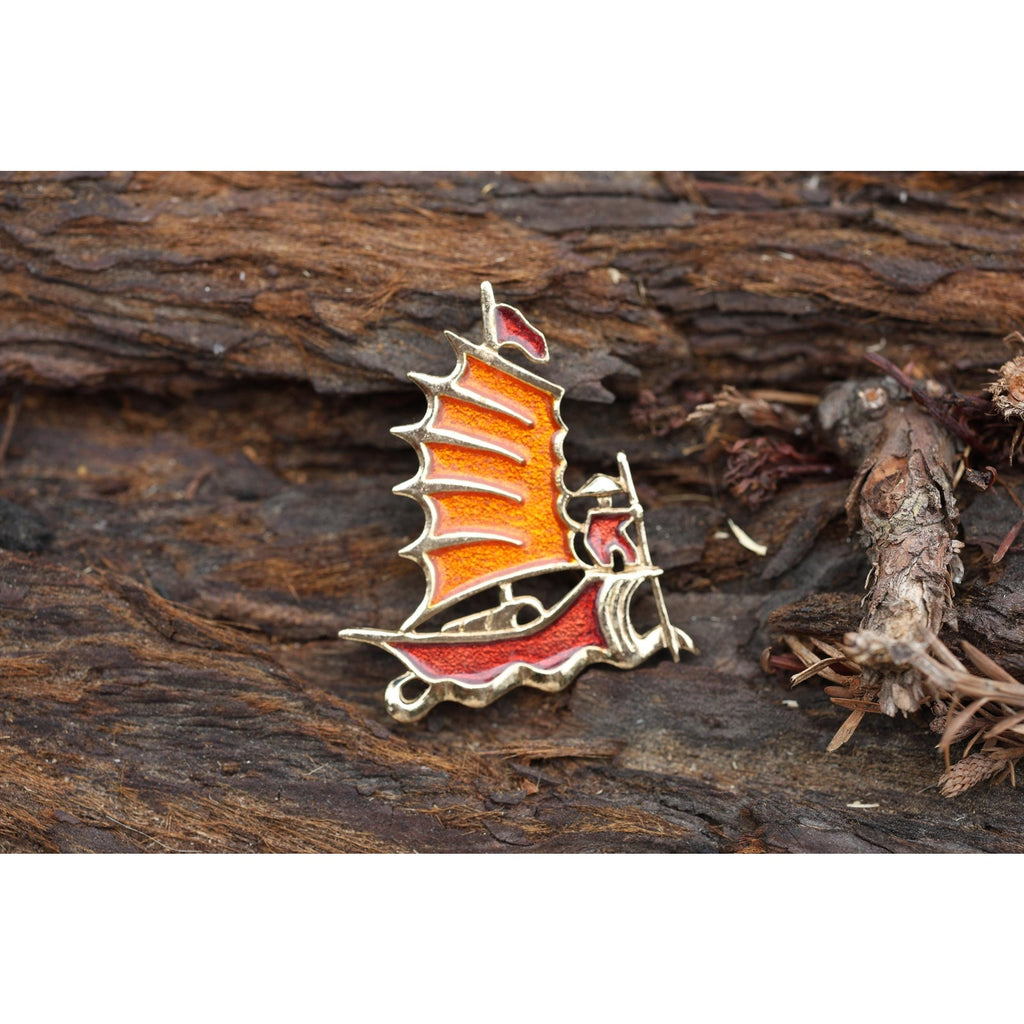 Sarah Coventry Enamel Figural Ship Brooch, Vintage Signed Nautical Sailboat Pin, Gold Tone
