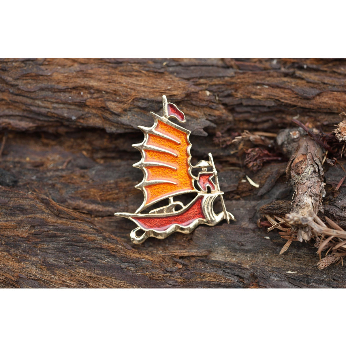 Sarah Coventry Enamel Figural Ship Brooch, Vintage Signed Nautical Sailboat Pin, Gold Tone