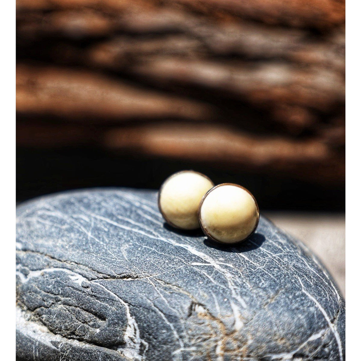 Cream Cabochon Stud Earrings Sterling Silver Ivory Color Dome Round Boho