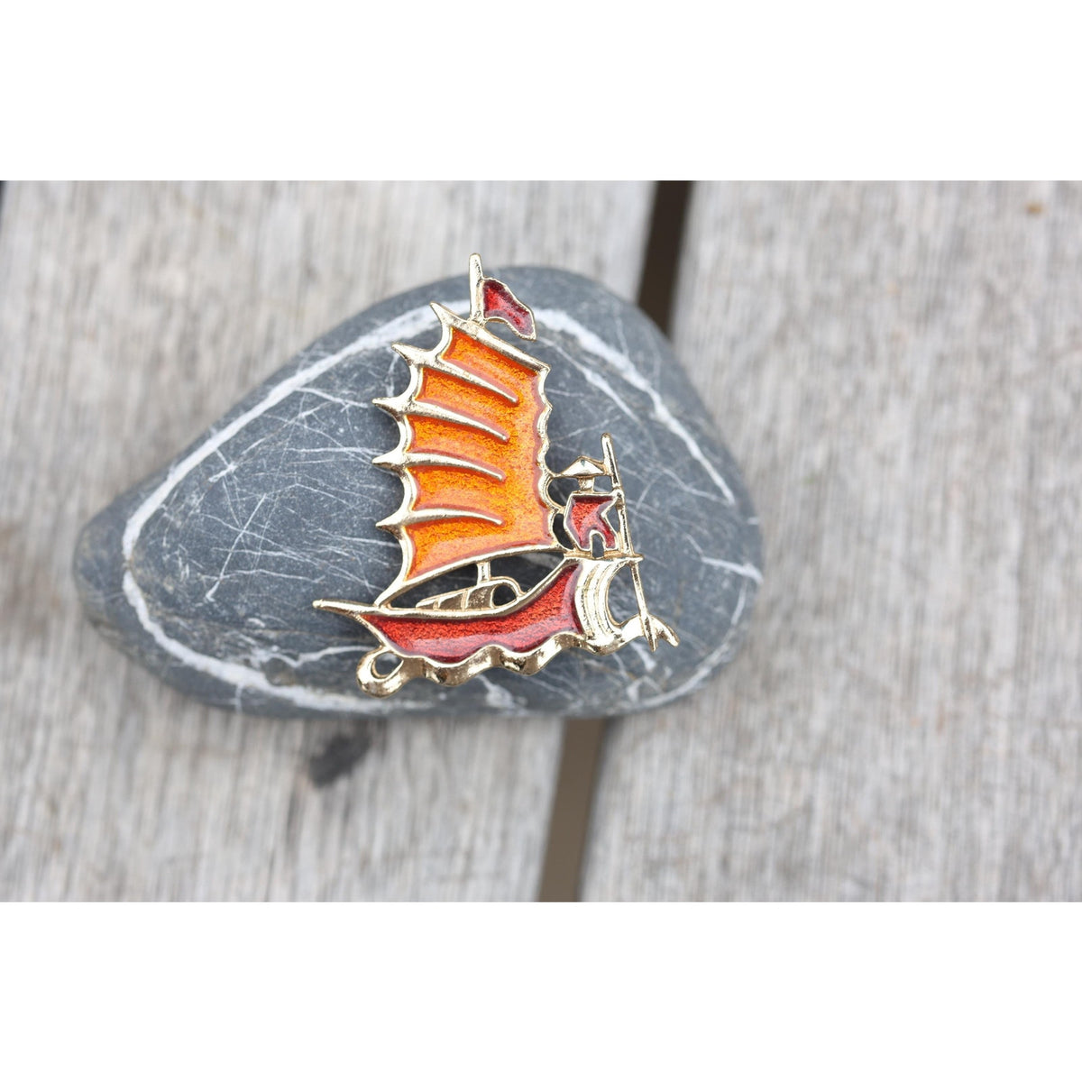 Sarah Coventry Enamel Figural Ship Brooch, Vintage Signed Nautical Sailboat Pin, Gold Tone