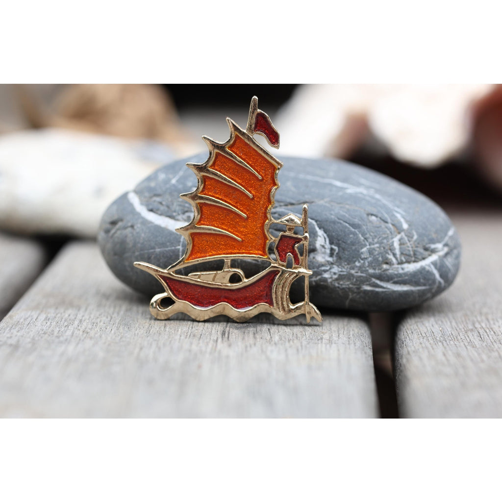 Sarah Coventry Enamel Figural Ship Brooch, Vintage Signed Nautical Sailboat Pin, Gold Tone