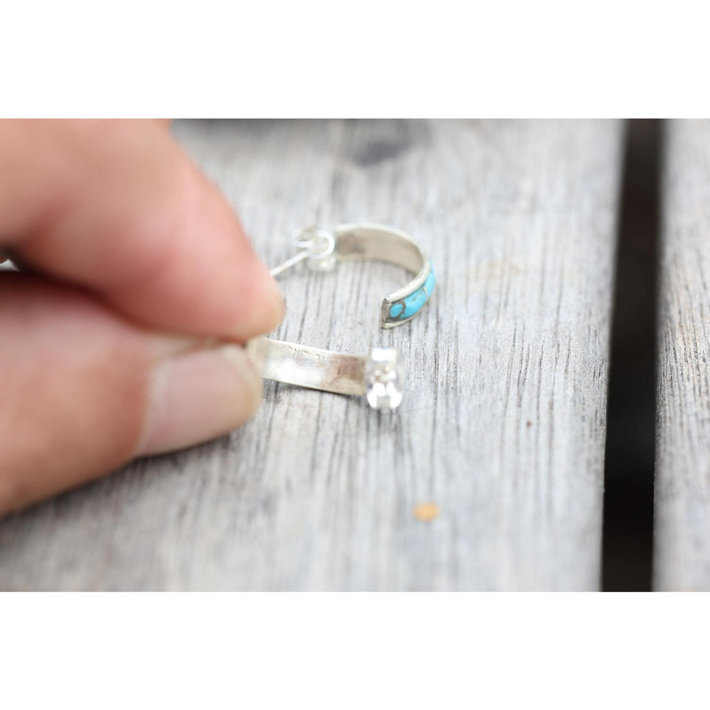 Navajo Sterling Silver Kingman Turquoise Inlay Hoop Earrings, Attributed Debbie Livingston