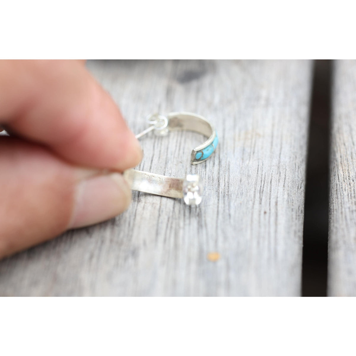 Navajo Sterling Silver Kingman Turquoise Inlay Hoop Earrings, Attributed Debbie Livingston