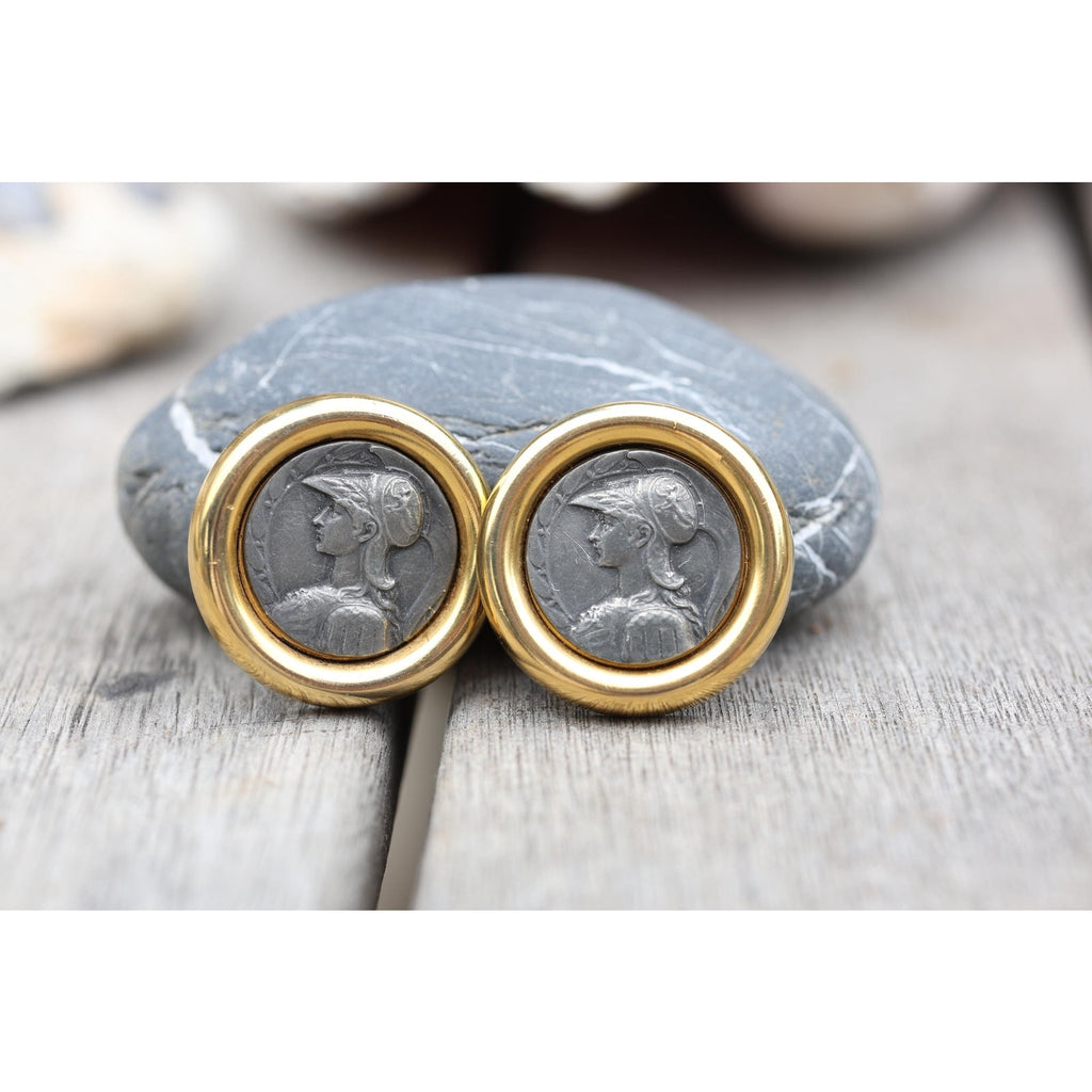 Vintage Ben-Amun Clip Earrings Gold Tone Roman Coin Medallion Warrior Relief 80s