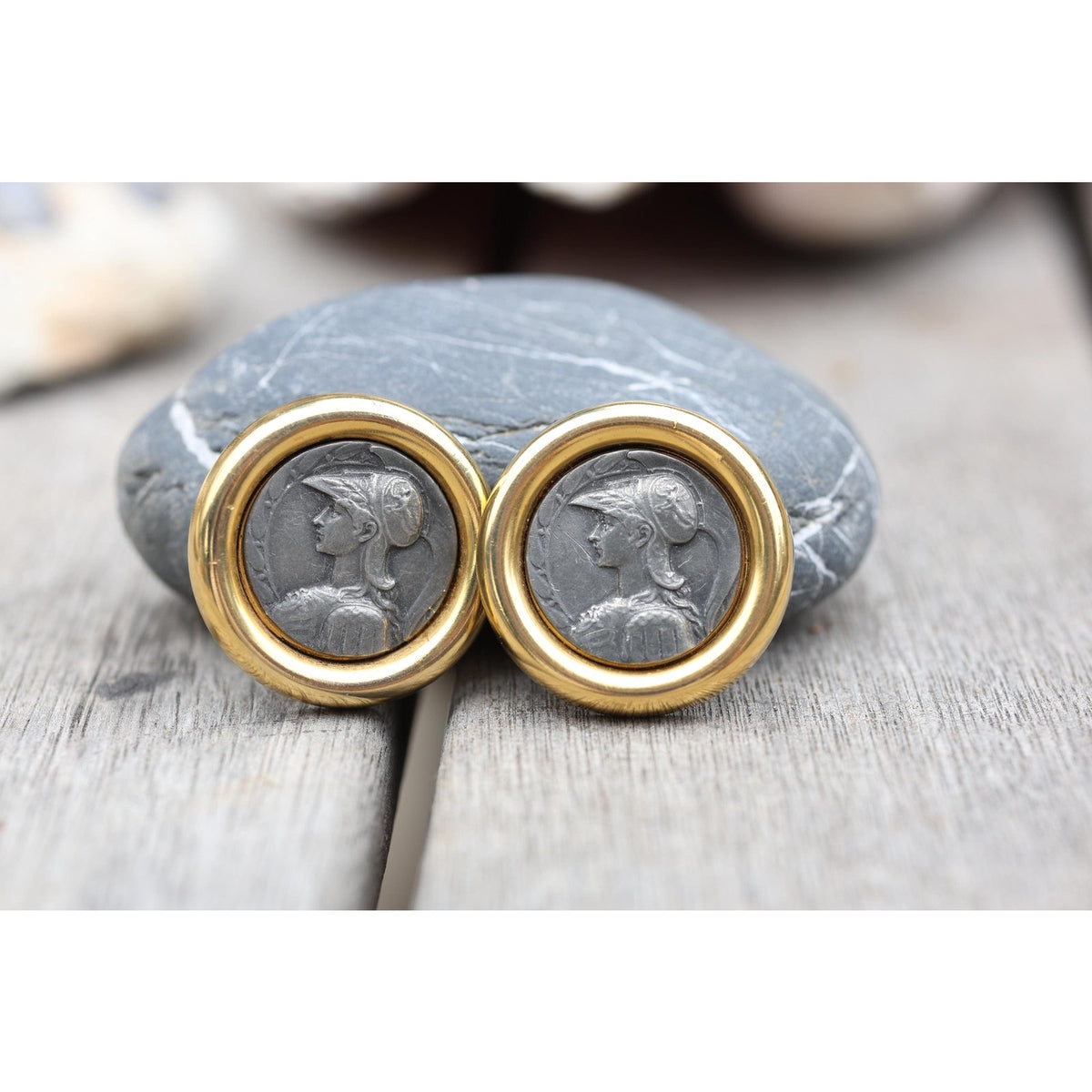Vintage Ben-Amun Clip Earrings Gold Tone Roman Coin Medallion Warrior Relief 80s