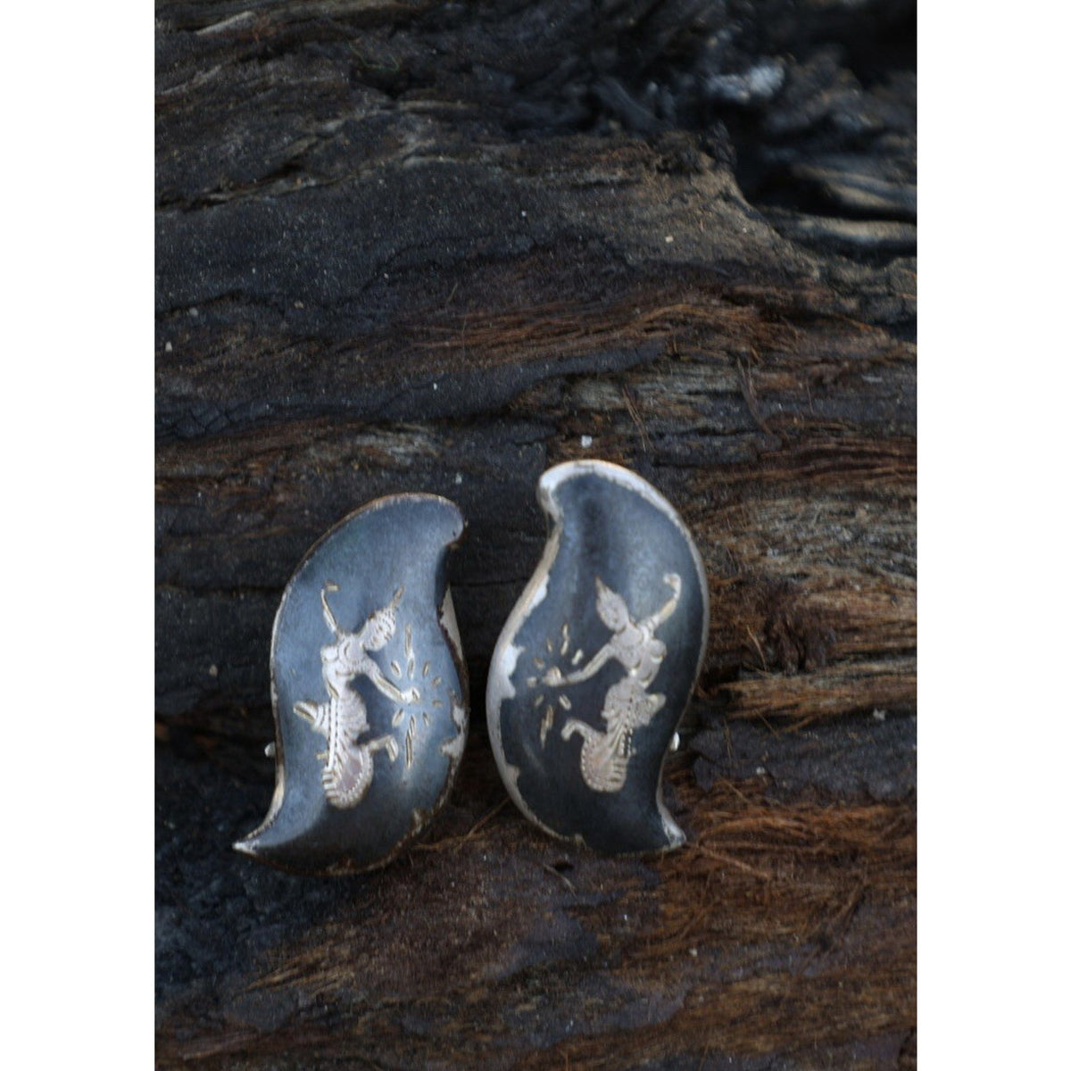 Siam Sterling Silver Niello Thai Dancer Earrings Flame Shape Vintage Mid Century