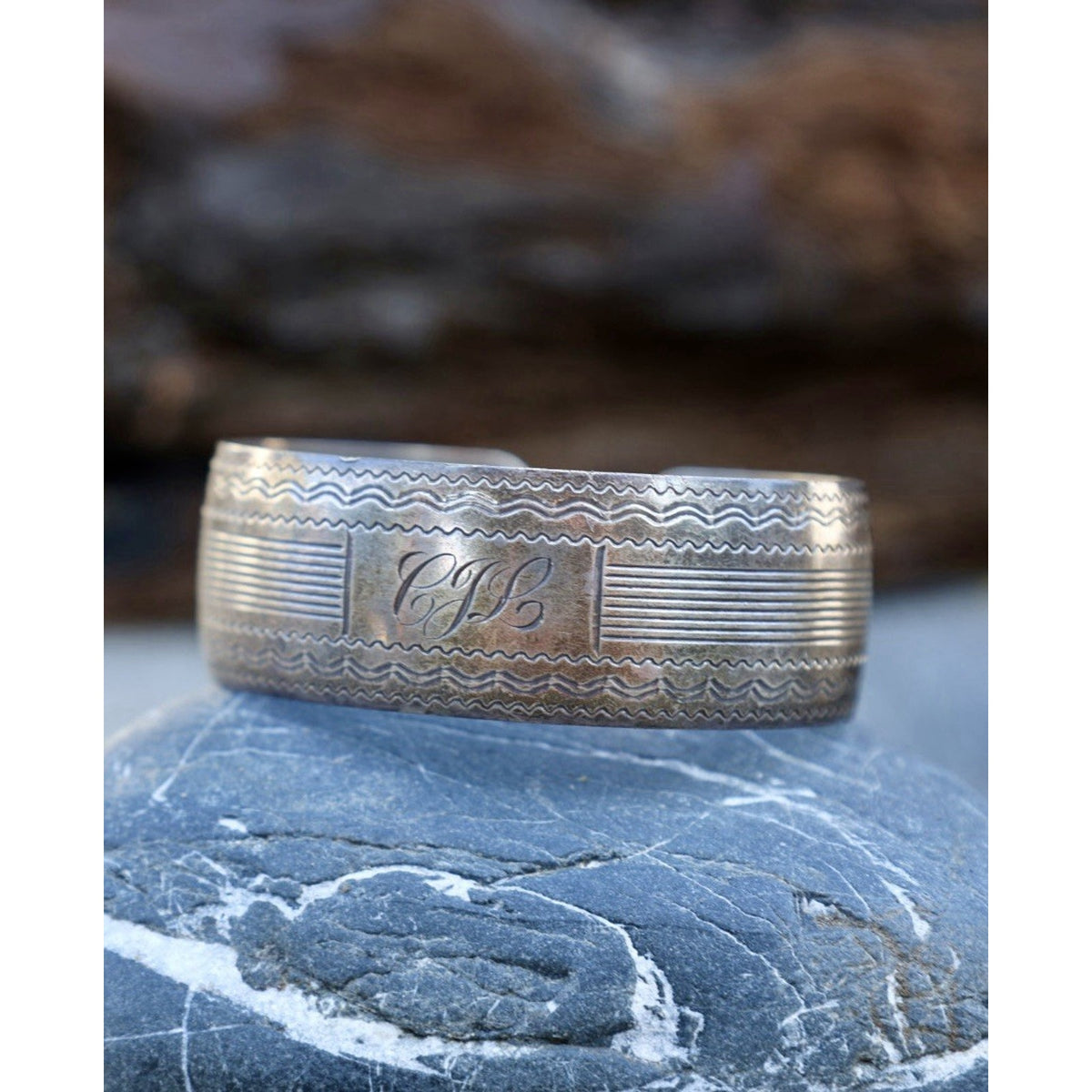 Victorian Sterling Silver Wide Cuff Bracelet Engine Turned Engraving Stamped MB