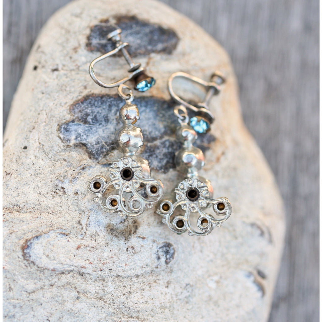 Vintage Aqua Rhinestone Screwback Dangle Earrings Mid Century Silver Tone