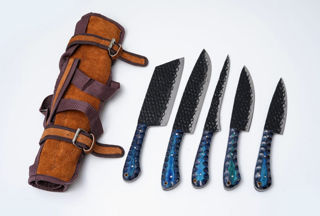 5-Piece Hand-Forged Kitchen Knife Set - Dragon Scale Carbon Steel - Blue Diamond Wood Handles & Leather Roll