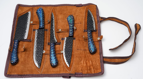 5-Piece Hand-Forged Kitchen Knife Set - Dragon Scale Carbon Steel - Blue Diamond Wood Handles & Leather Roll
