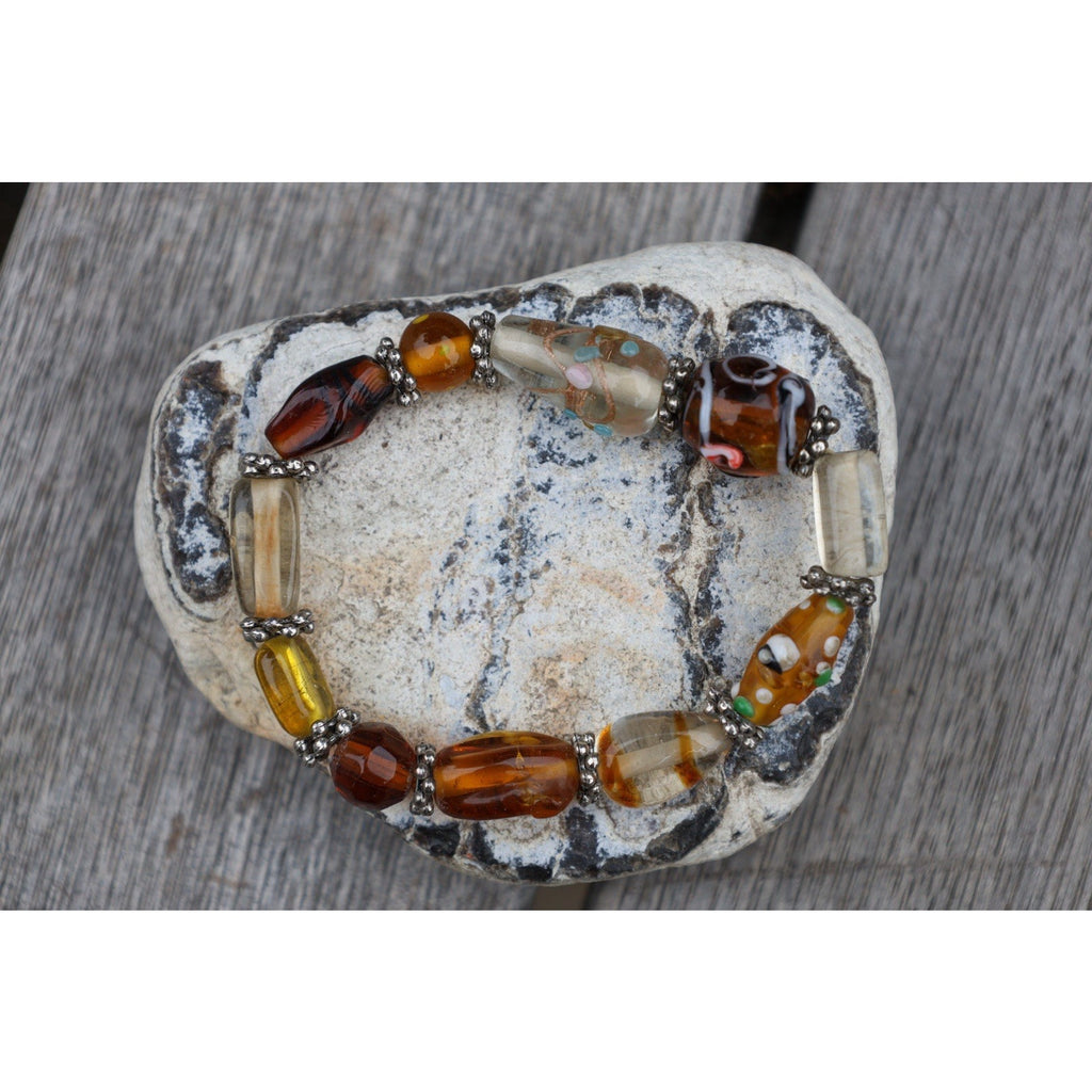 Vintage Lampwork Art Glass Bead Bracelet Amber Millefiori Stretch Boho Statement