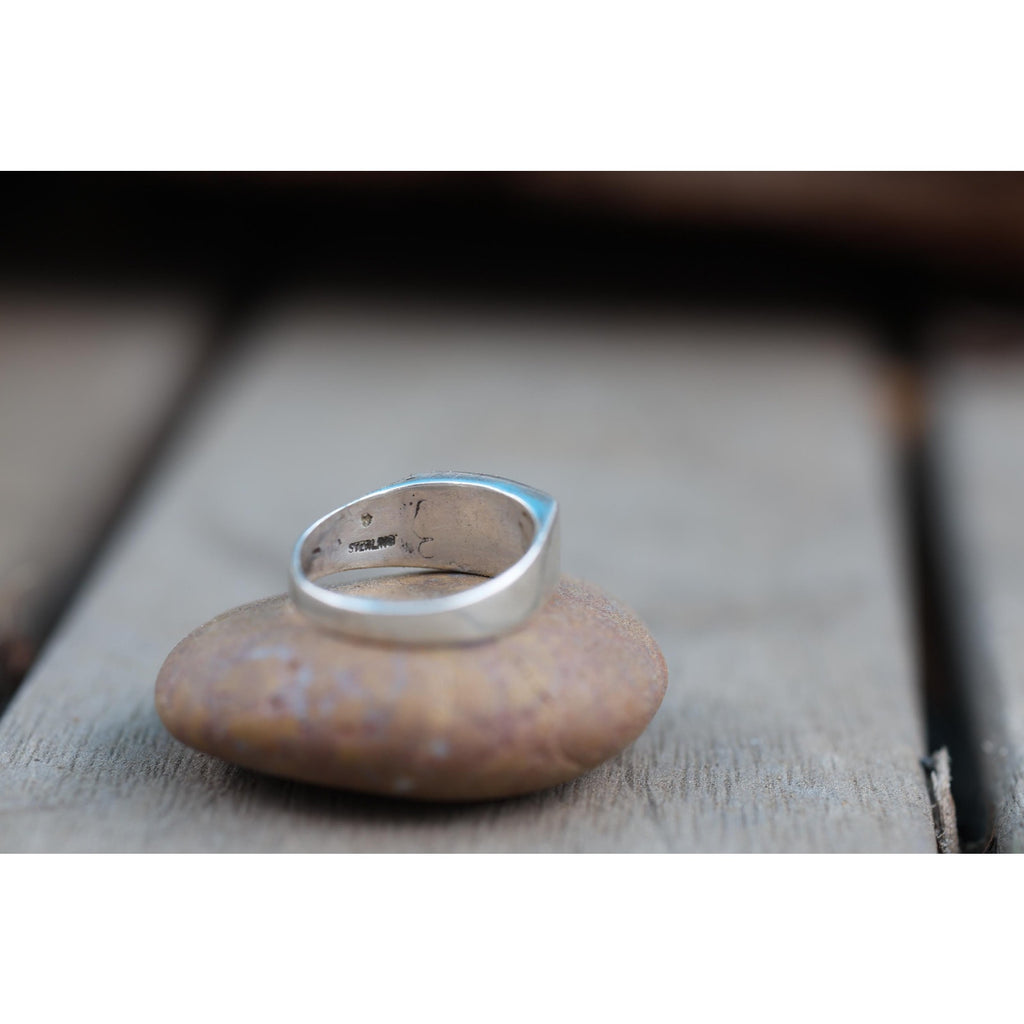 Vintage Zuni Style Sterling Silver Turquoise Mother of Pearl Channel Inlay Band Ring, Mens Southwest Tapered Band, Size 11.75