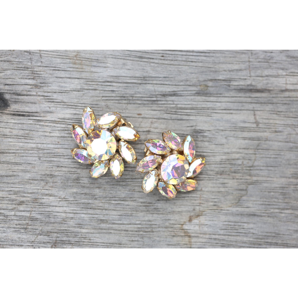 Vintage 1940s Rhinestone Navette Clip Earrings, Aurora Borealis Flower Cluster, Unsigned Estate Jewelry