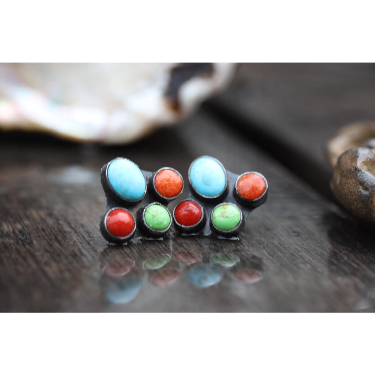 Kee C. Cook Navajo Sterling Silver Turquoise and Coral Cluster Earrings, Signed Vintage Native American Post Earrings