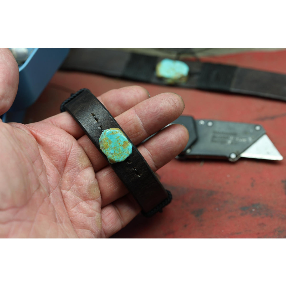 Leather Turquoise Cuff Bracelet | Handmade Adjustable |Hand Dyed Leather | Southwest Boho Stacking | Kingman Turquoise