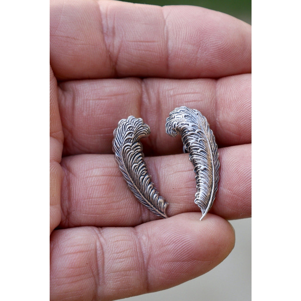 Sterling Silver Feather Earrings Vintage Carved Wing Design Pierced Studs