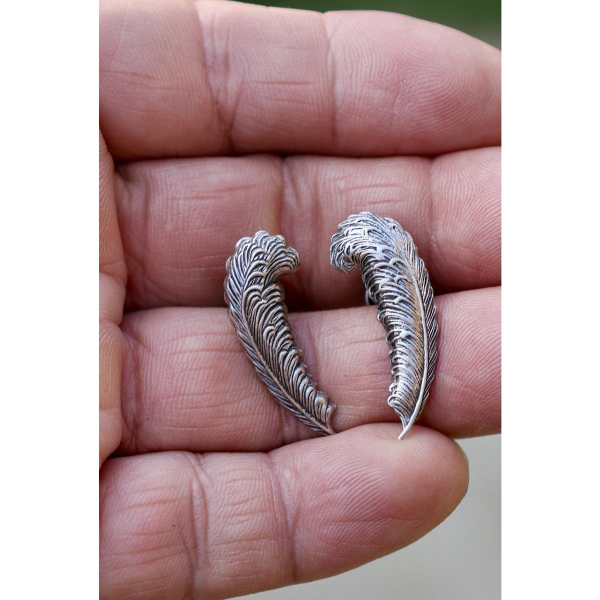 Sterling Silver Feather Earrings Vintage Carved Wing Design Pierced Studs