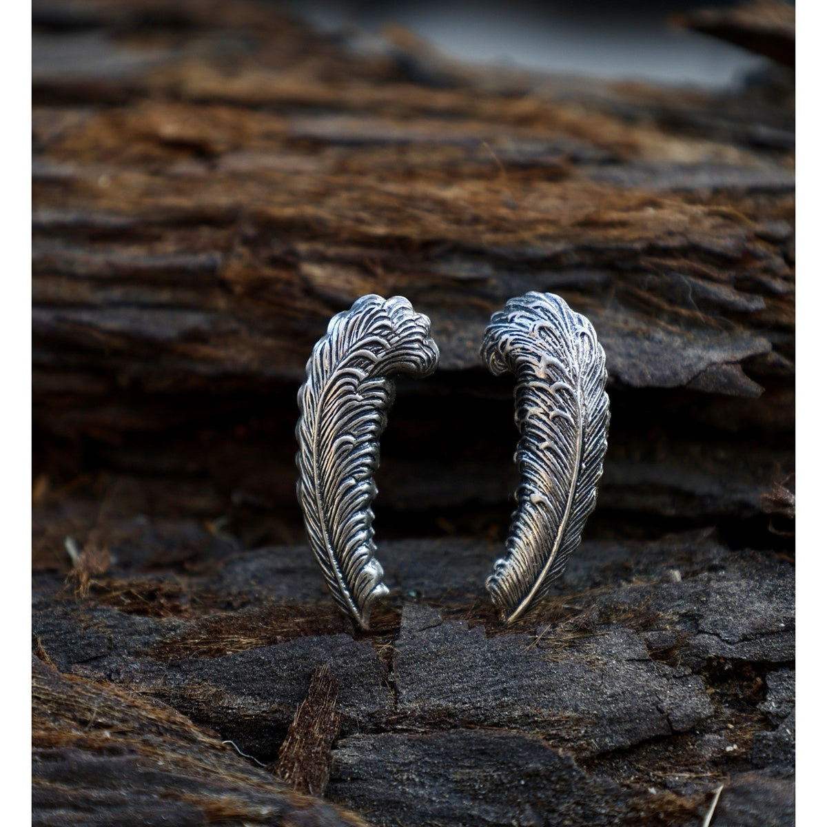 Sterling Silver Feather Earrings Vintage Carved Wing Design Pierced Studs