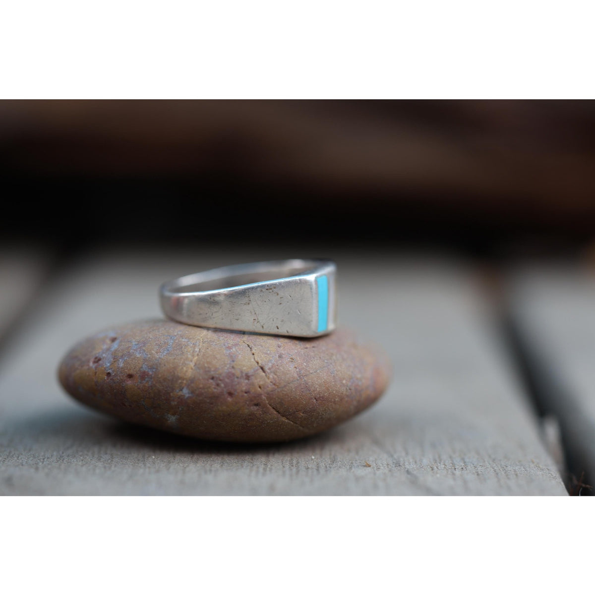 Vintage Zuni Style Sterling Silver Turquoise Mother of Pearl Channel Inlay Band Ring, Mens Southwest Tapered Band, Size 11.75