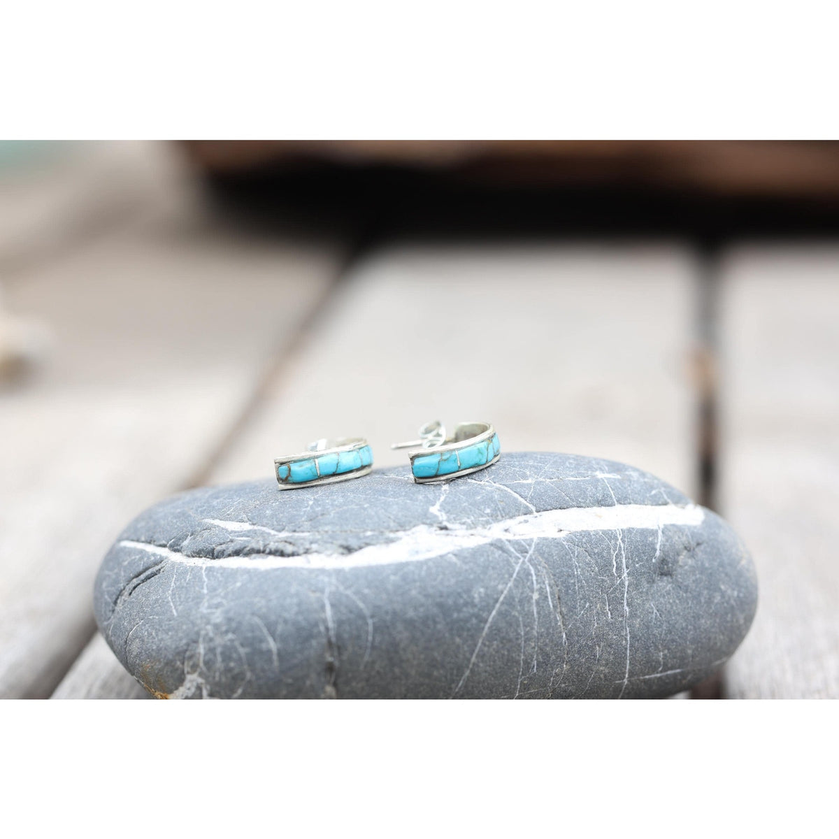 Navajo Sterling Silver Kingman Turquoise Inlay Hoop Earrings, Attributed Debbie Livingston