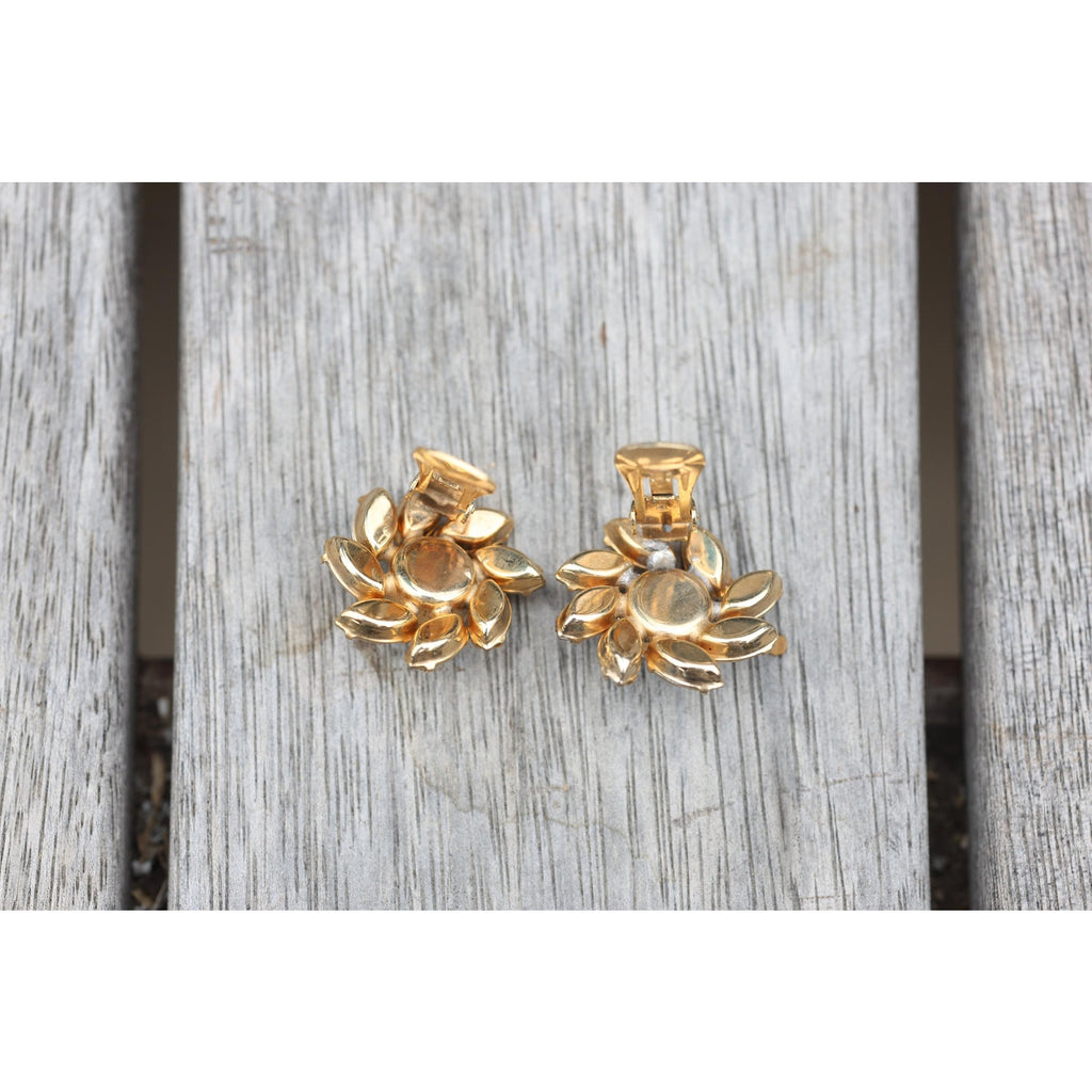 Vintage 1940s Rhinestone Navette Clip Earrings, Aurora Borealis Flower Cluster, Unsigned Estate Jewelry