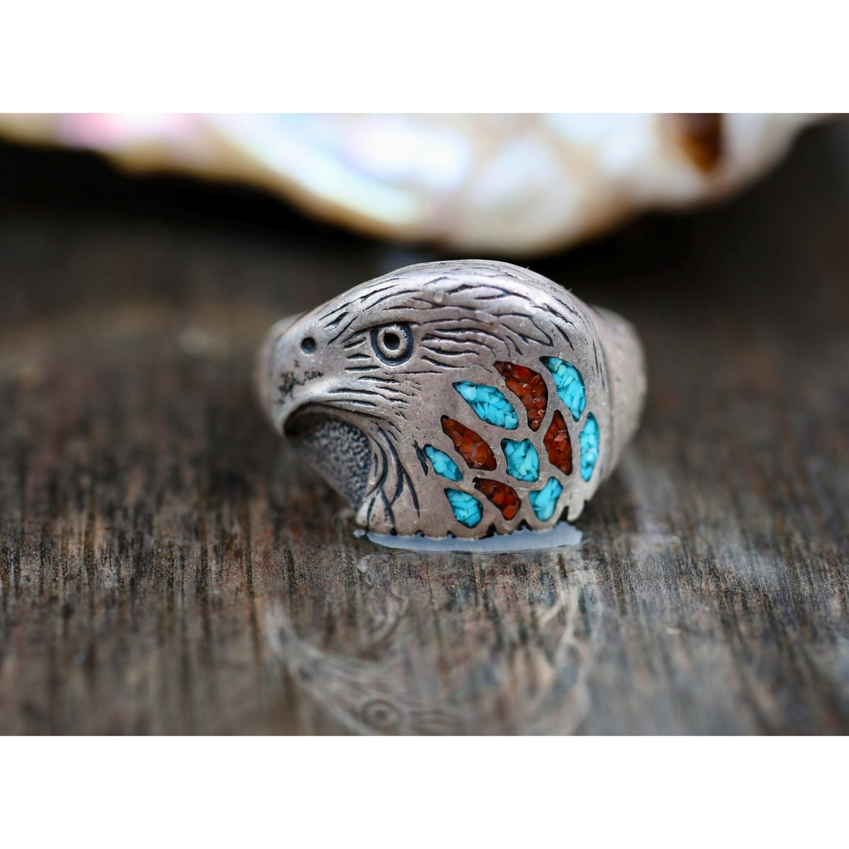 Sterling Silver Eagle Head Ring, Turquoise Coral Chip Inlay, Size 12