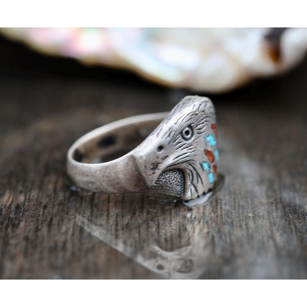 Sterling Silver Eagle Head Ring, Turquoise Coral Chip Inlay, Size 12
