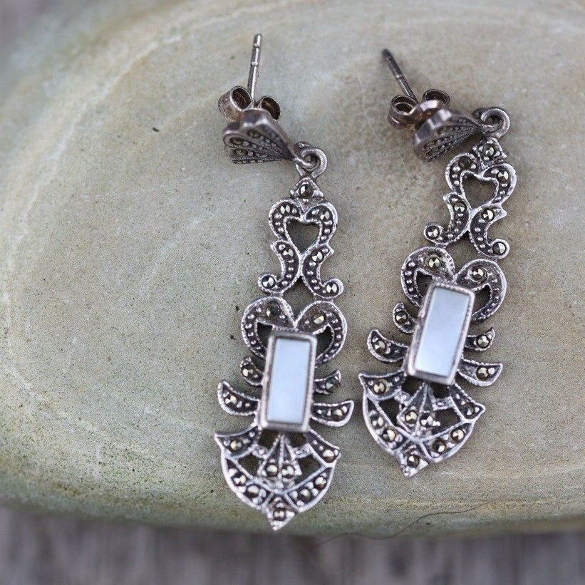 Marcasite Mother of Pearl Earrings Sterling Silver Art Deco Vintage Drop Dangle