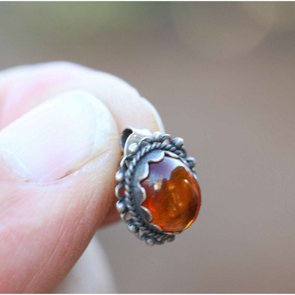 Amber Cabochon Sterling Silver Stud Earrings Vintage Ornate Filigree Bezel