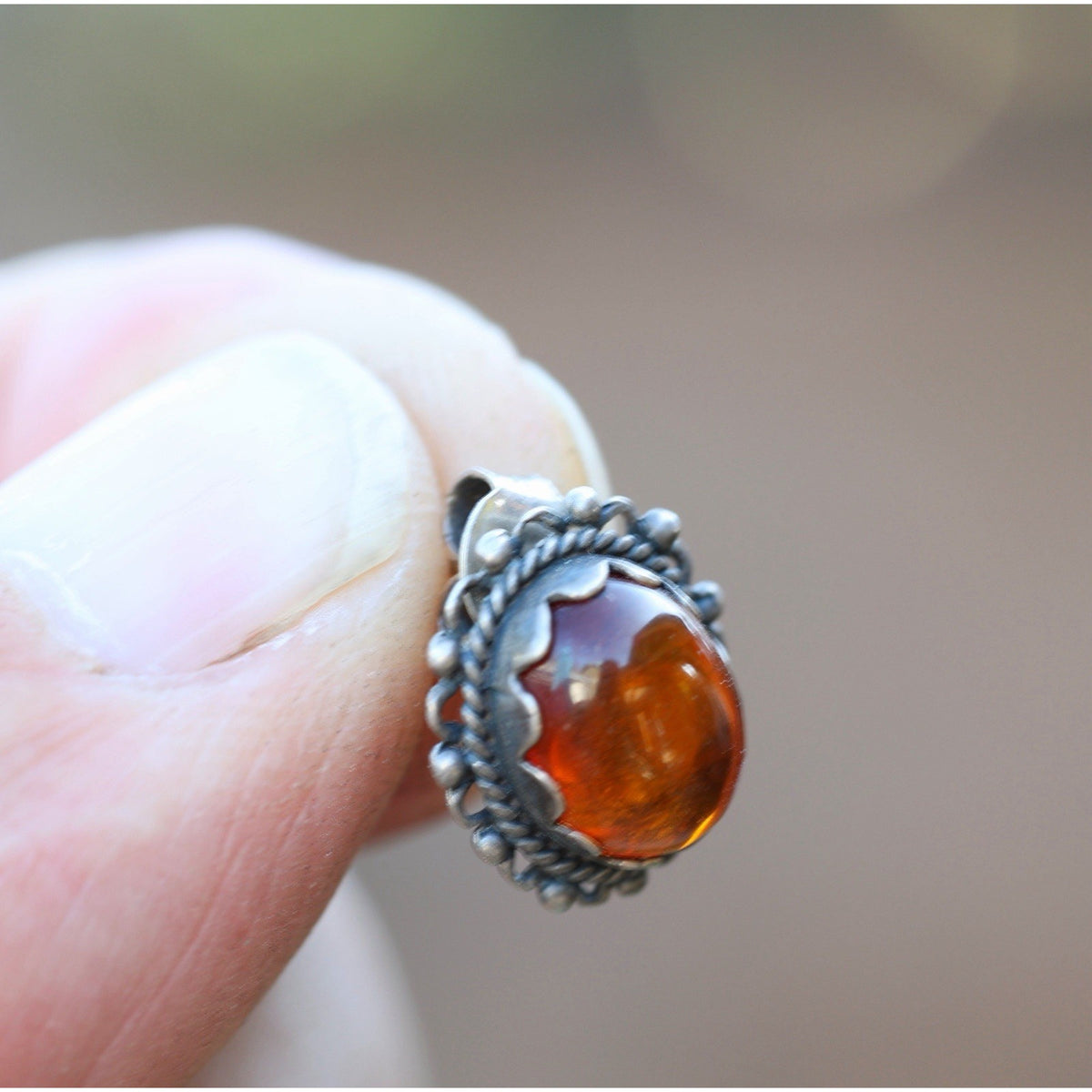 Amber Cabochon Sterling Silver Stud Earrings Vintage Ornate Filigree Bezel