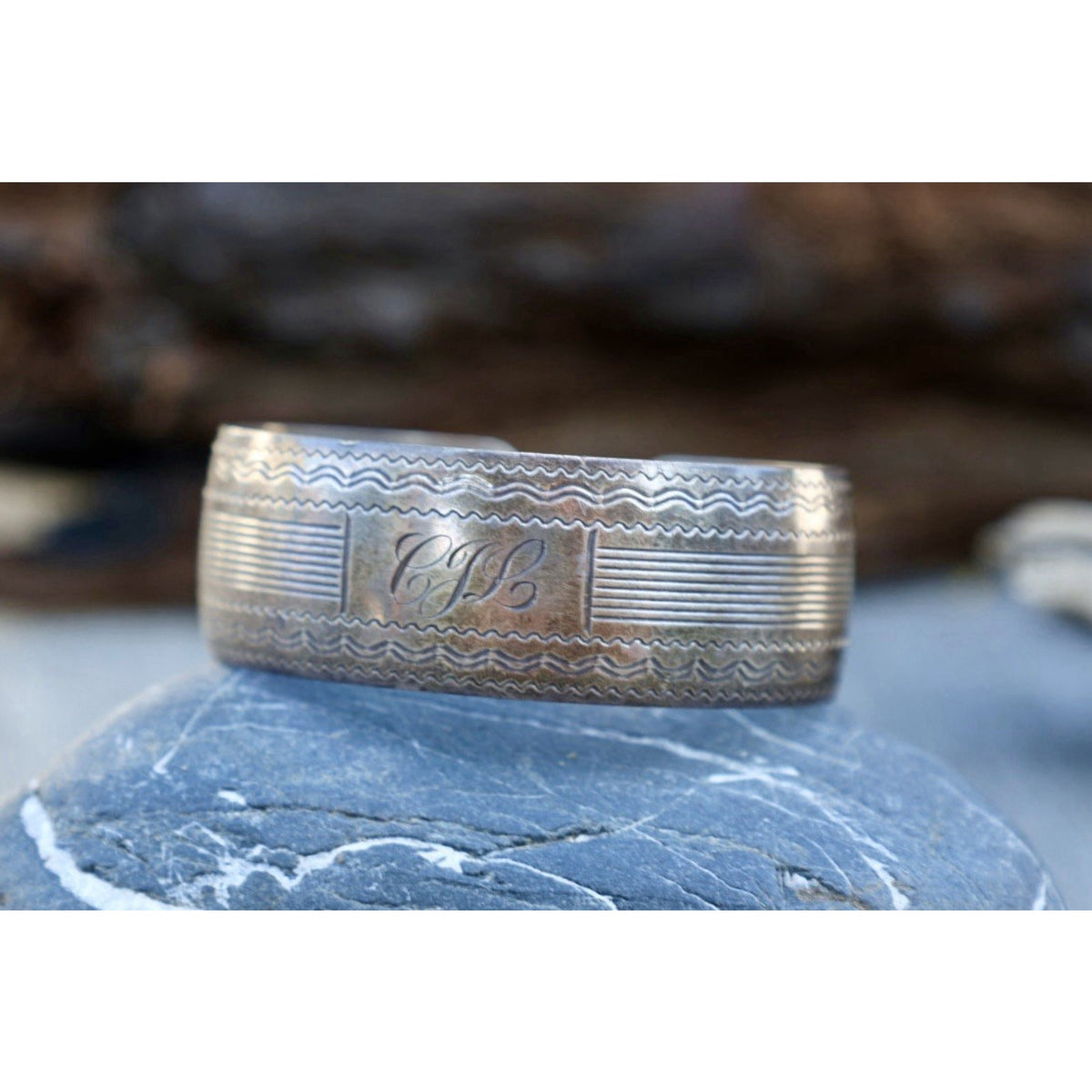 Victorian Sterling Silver Wide Cuff Bracelet Engine Turned Engraving Stamped MB