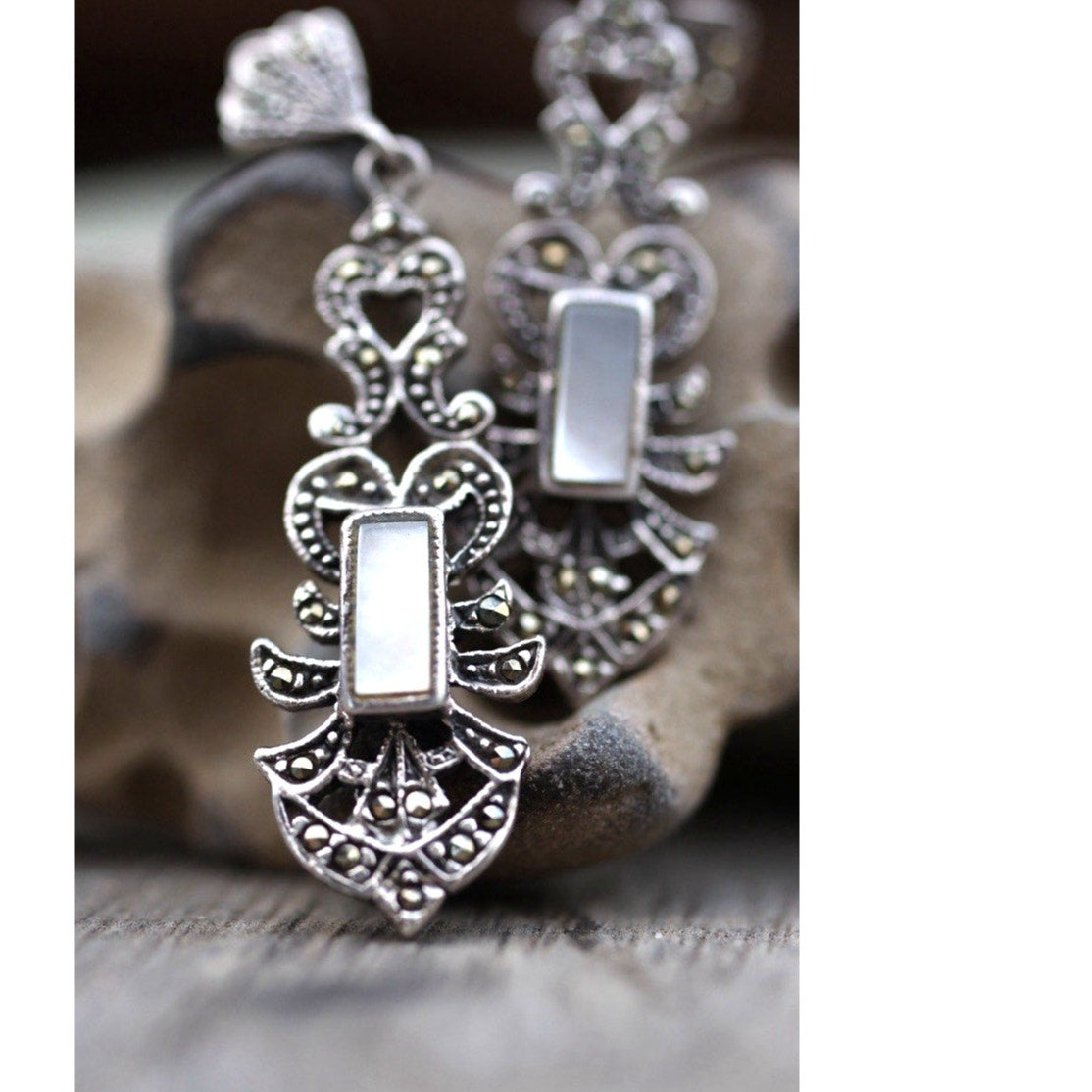 Marcasite Mother of Pearl Earrings Sterling Silver Art Deco Vintage Drop Dangle