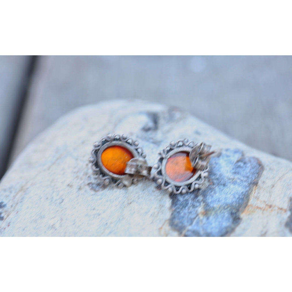 Amber Cabochon Sterling Silver Stud Earrings Vintage Ornate Filigree Bezel