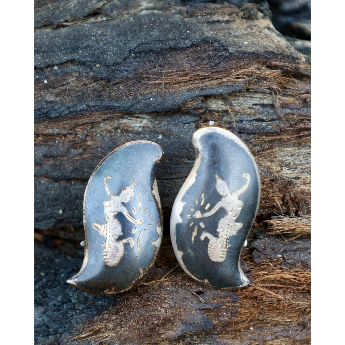 Siam Sterling Silver Niello Thai Dancer Earrings Flame Shape Vintage Mid Century