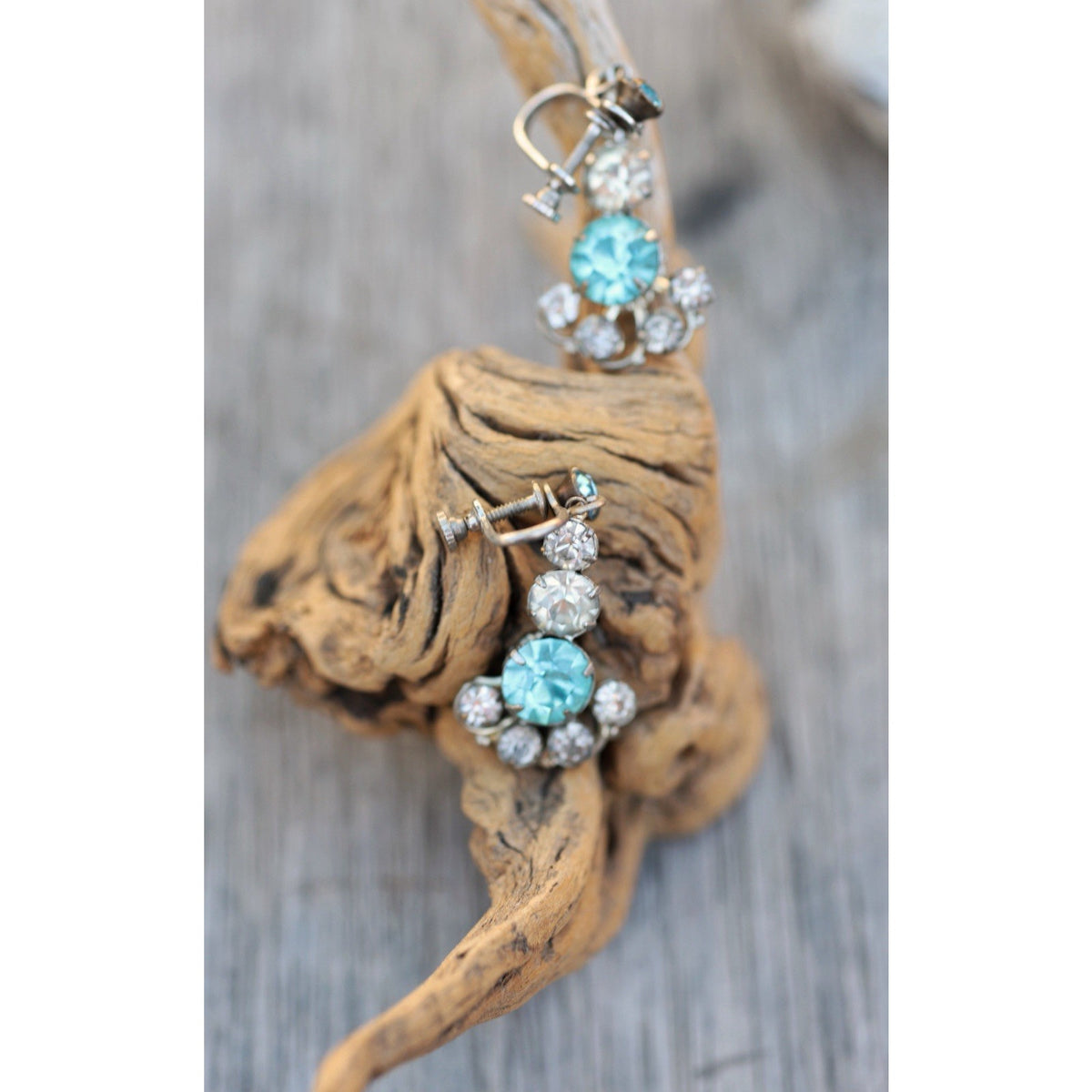 Vintage Aqua Rhinestone Screwback Dangle Earrings Mid Century Silver Tone
