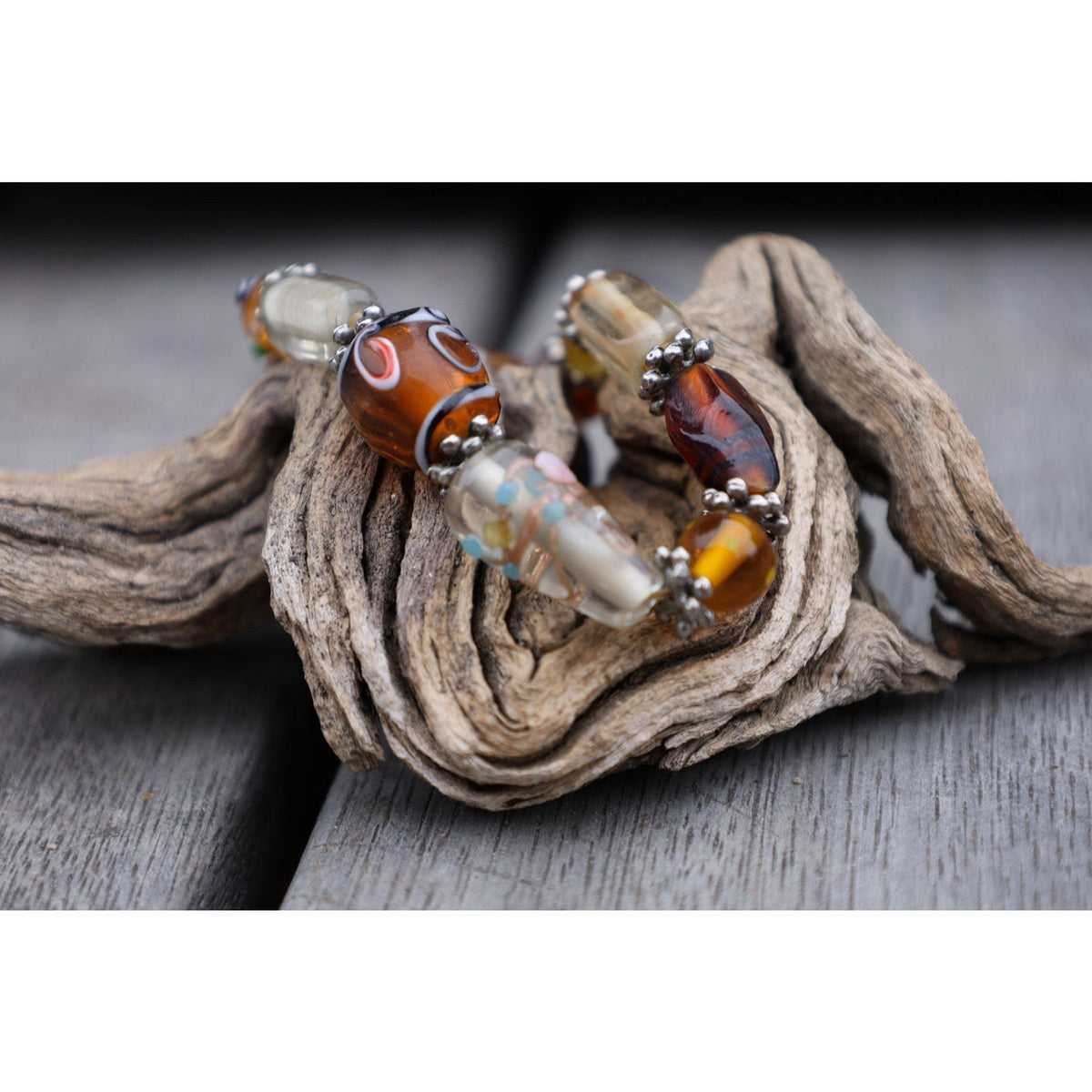 Vintage Lampwork Art Glass Bead Bracelet Amber Millefiori Stretch Boho Statement