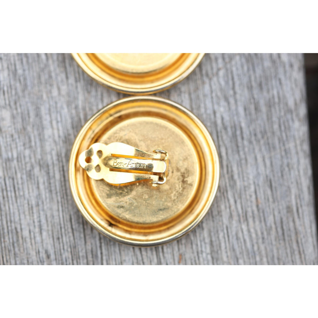 Vintage Ben-Amun Clip Earrings Gold Tone Roman Coin Medallion Warrior Relief 80s